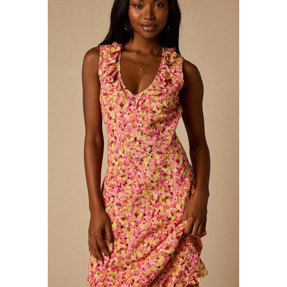 Lulus Renea Pink Multi Floral Ruffled Sleeveless Midi Dress - Size M